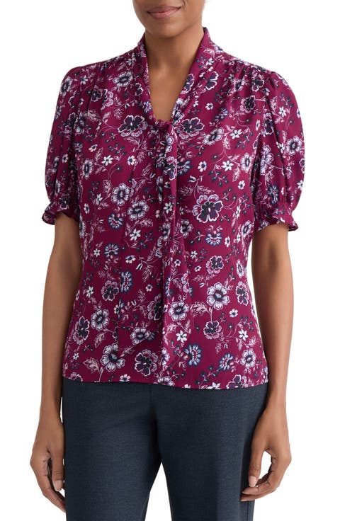 Tie Neck Puffed Sleeve Top