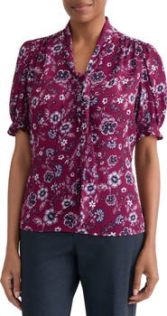 Jones New York Tie Neck Puffed Sleeve Top