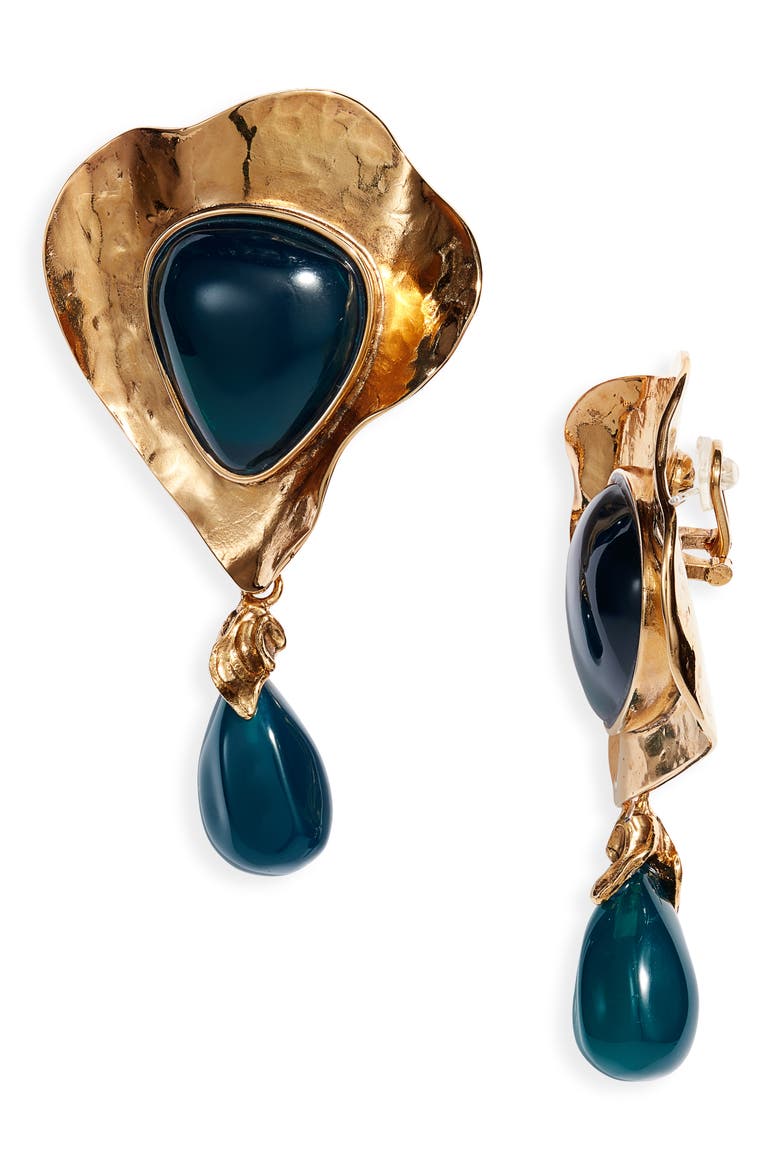 Heart Drop Cabochon Clip-On Earrings, Main, color, DARK GREEN/ GOLD