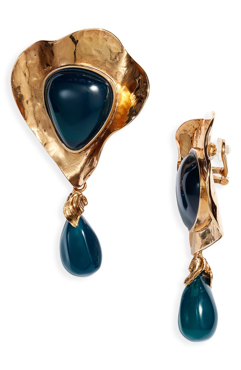 Saint Laurent Heart Drop Cabochon Clip-On Earrings, Main, color, Dark Green/ Gold