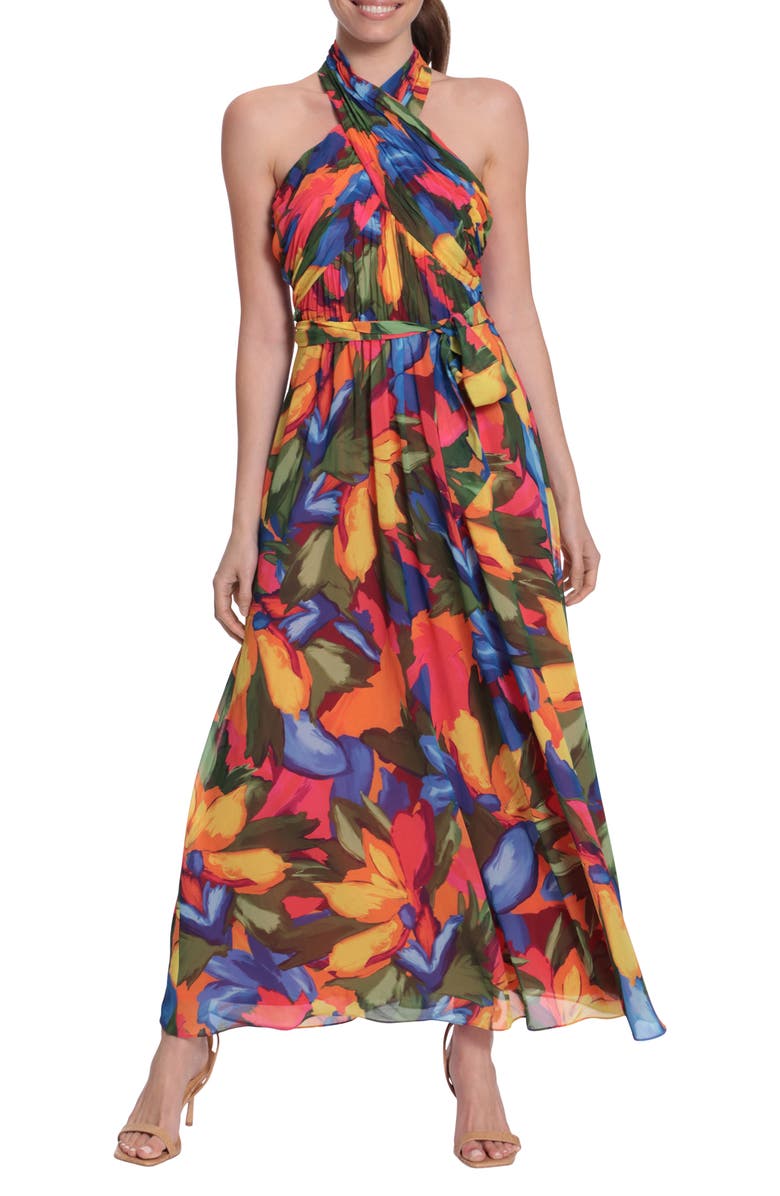 London Times Wrap Halter Floral Print Maxi Dress, Main, color, 