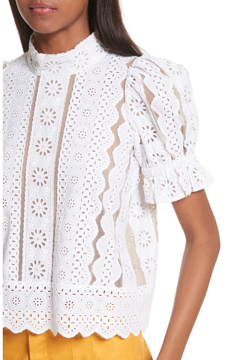 Sea Luna Cotton Eyelet Top, Alternate, color, WHITE WITH NUDE MESH
