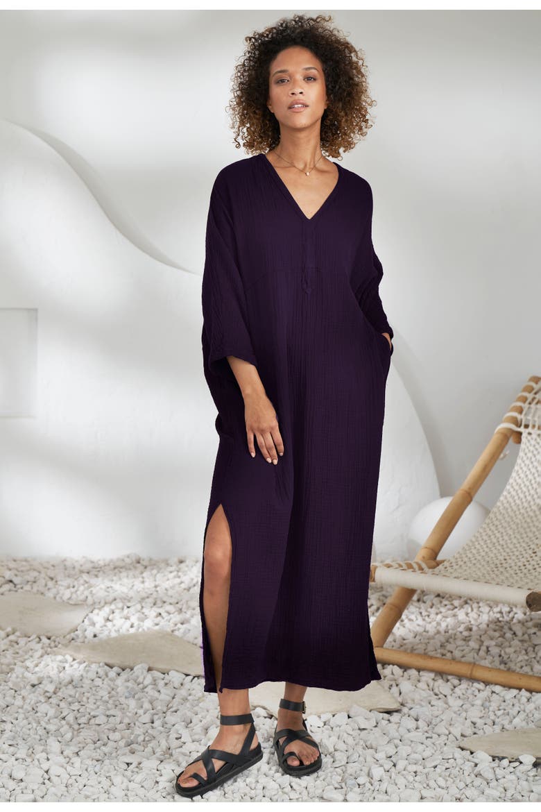 Gauze Arc Seam Caftan, Alternate, color, Aubergine
