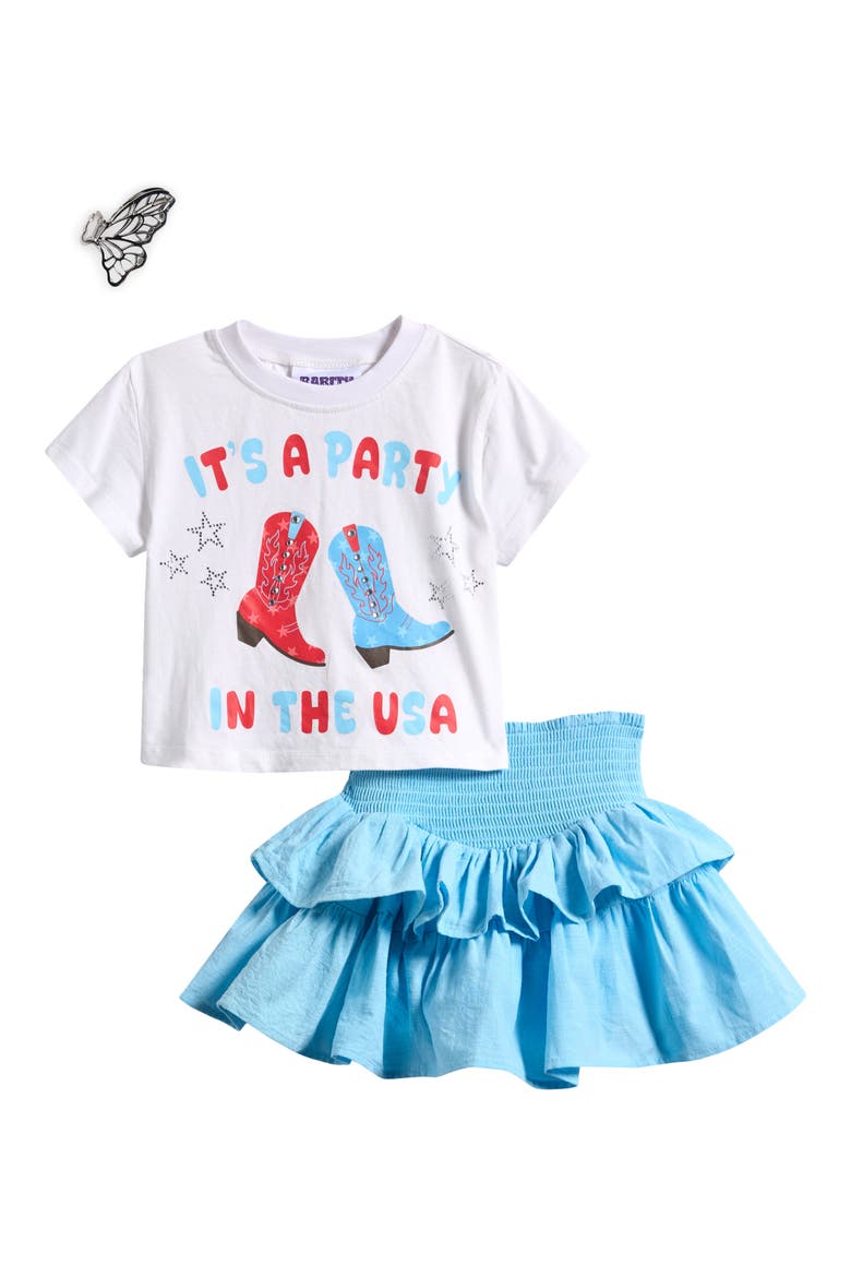 Kids' Party in the USA Graphic T-Shirt, Smocked Skirt & Claw Clip Set, Main, color, BLUE
