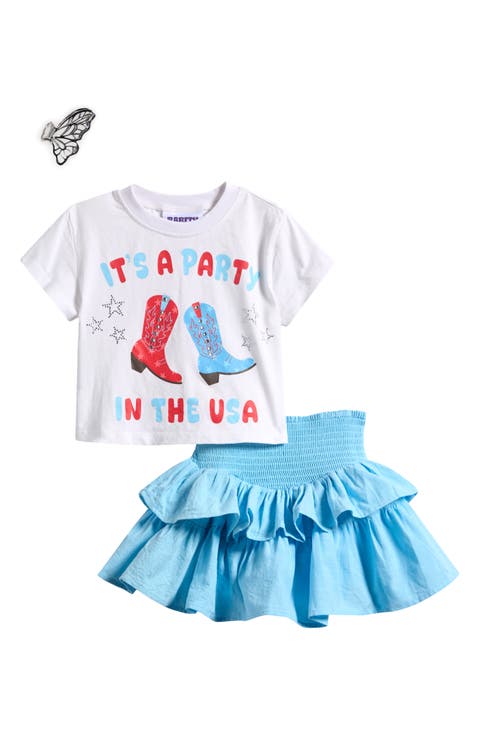 Kids' Party in the USA Graphic T-Shirt, Smocked Skirt & Claw Clip Set (Little Kid)