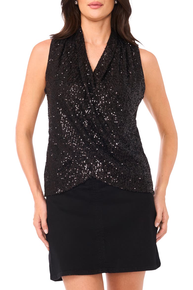 Sequin Crossover Detail Sleeveless Top, Main, color, RICH BLACK