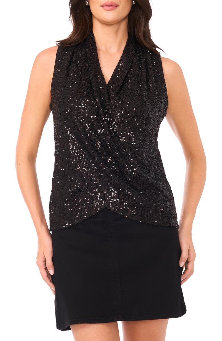 Vince Camuto Sequin Crossover Detail Sleeveless Top, Main, color, Rich Black