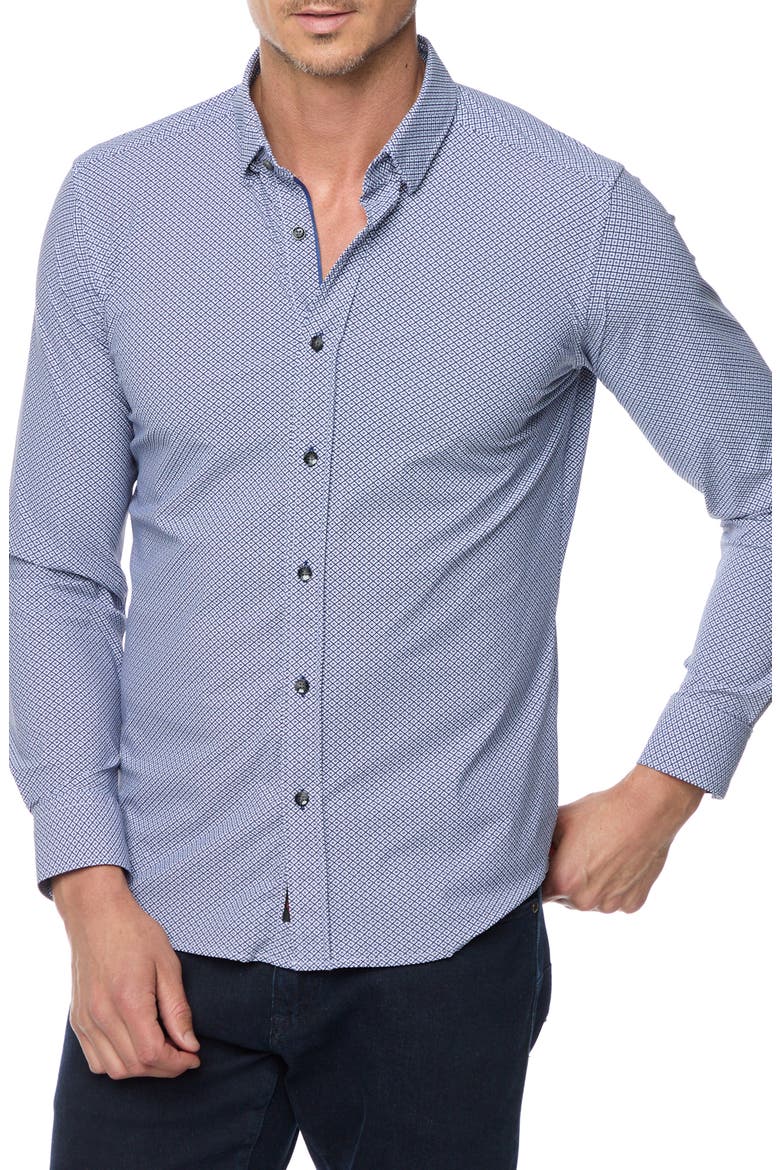 Perrin Tailored Fit Geo Print Button-Up Shirt, Main, color, NAVY