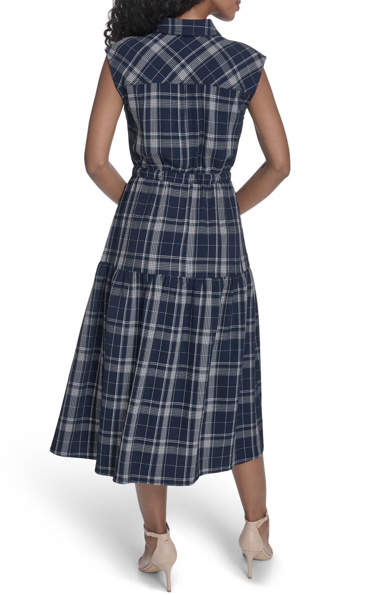 Calvin Klein Plaid Sleeveless Tiered Midi Dress, Alternate, color, Indigo/ White