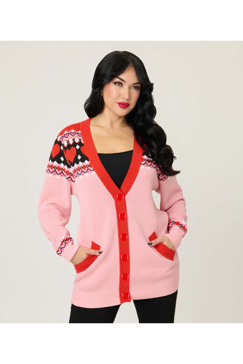 Printed Knit Long Cardigan, Alternate, color, Pink Fair Isle Print