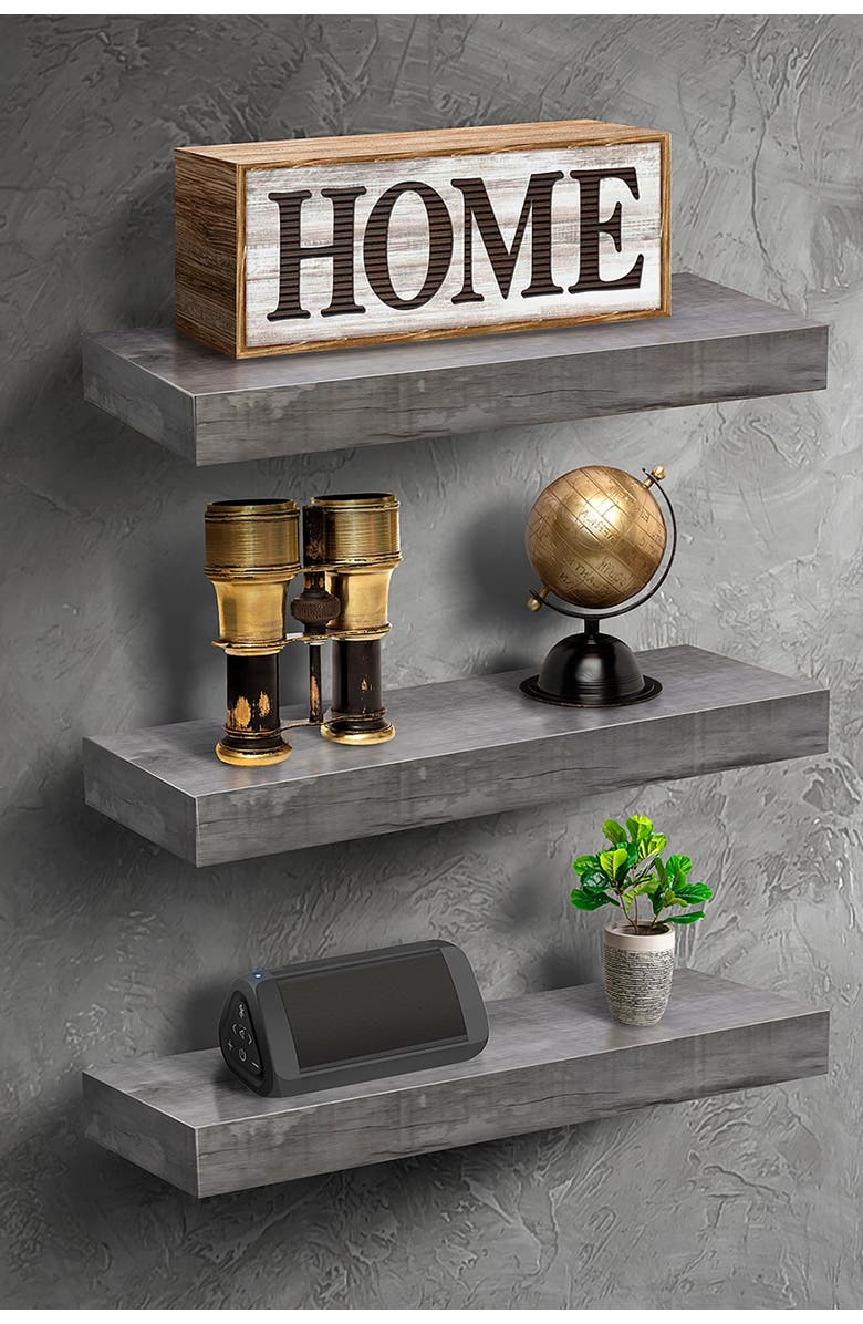 SORBUS Grey/Wood 3-Tier Wall Mount Floating Shelf, Alternate, color,