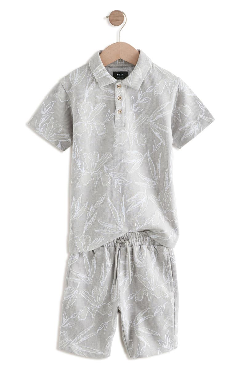 NEXT Kids' Floral Jacquard Cotton Polo & Shorts Set, Alternate, color, Grey