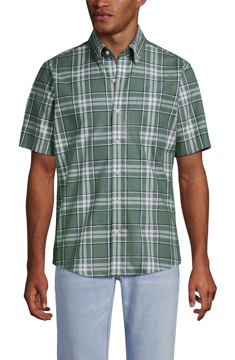 Lands' End Short Sleeve No Iron Twill Shirt, Main, color, Eucalyptus/Navy Plaid