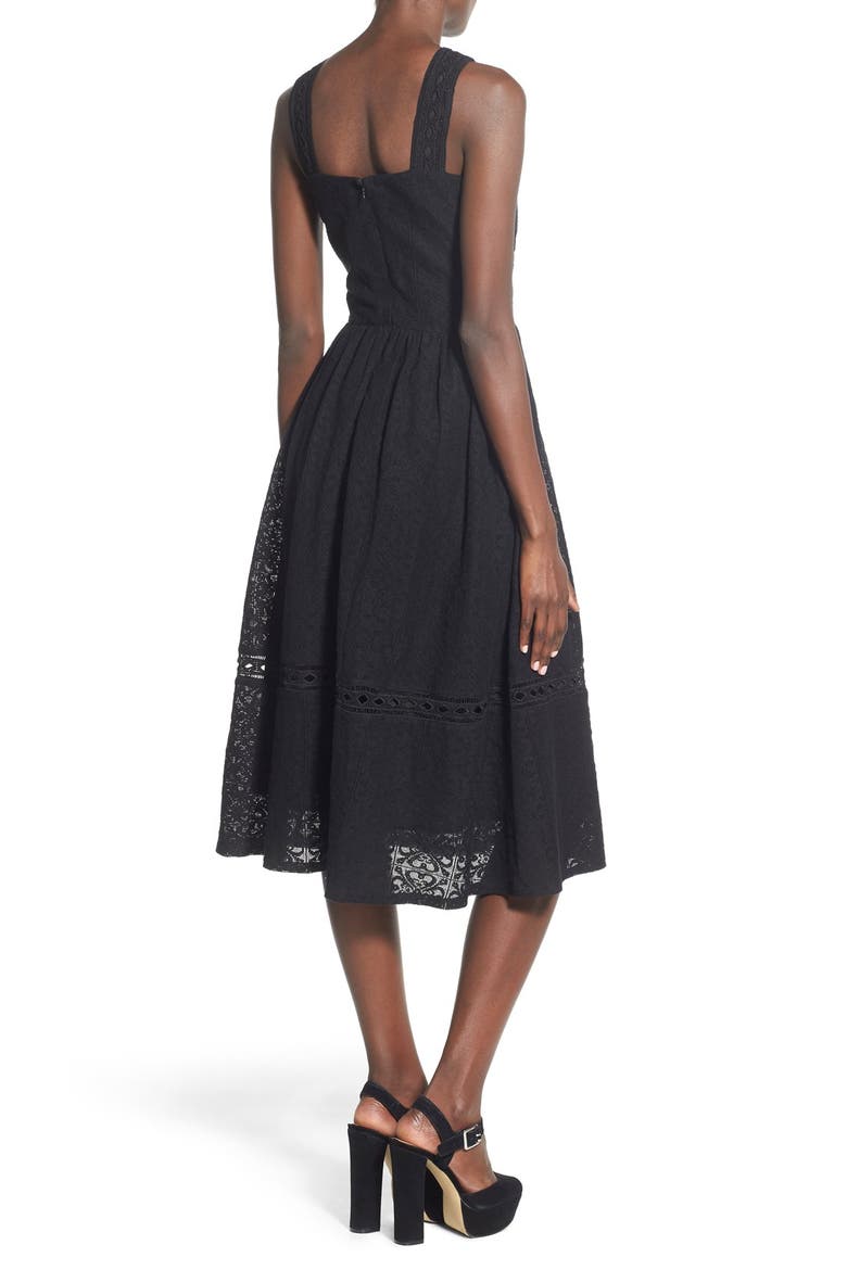 Lace Fit & Flare Midi Dress, Alternate, color, BLACK
