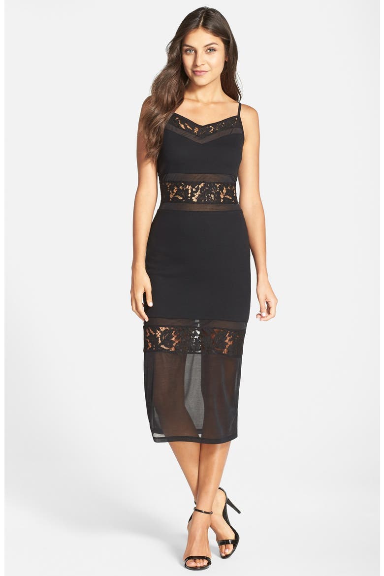 'Lucky Layer' Lace Inset Body-Con Midi Dress, Main, color, BLACK