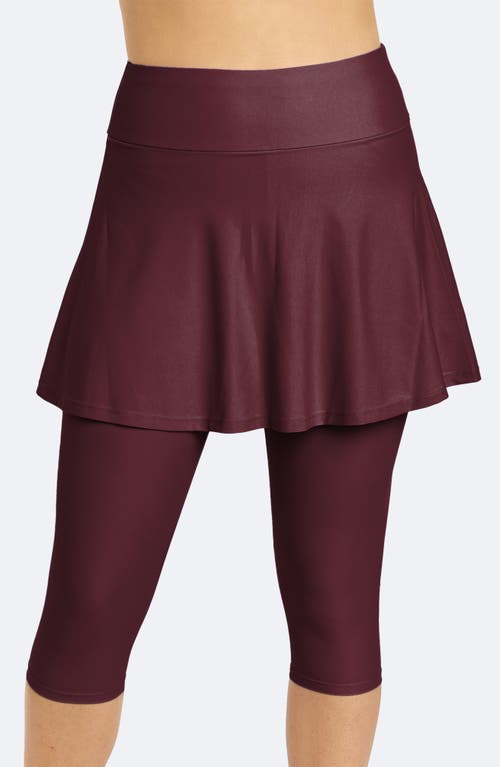 Calypsa Flared Swim Skort With Capri Leggings In Burgundy