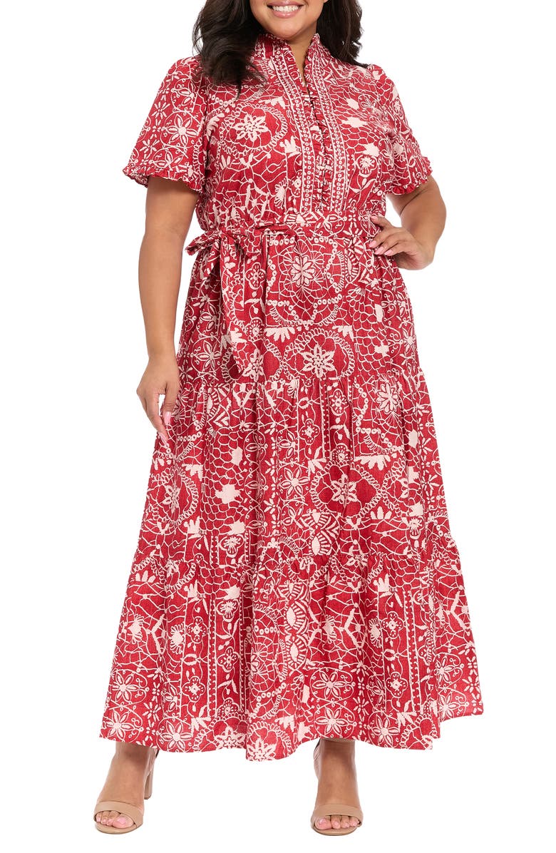London Times Embroidered Tiered Maxi Dress, Main, color, Red/ Light Pink
