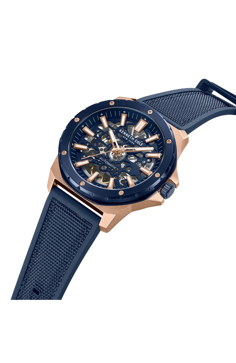 Kenneth Cole New York The Hollis Skeleton Automatic Silicone & Nylon Strap, 45mm, Alternate, color, Navy / Blue Dark