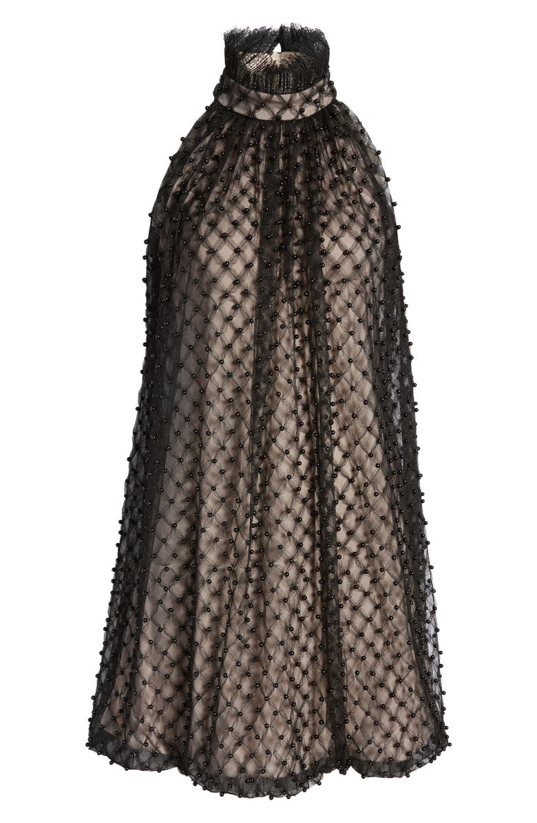 Tadashi Shoji Black Imitation Pearl Lace Trapeze Dress, Alternate, color, 