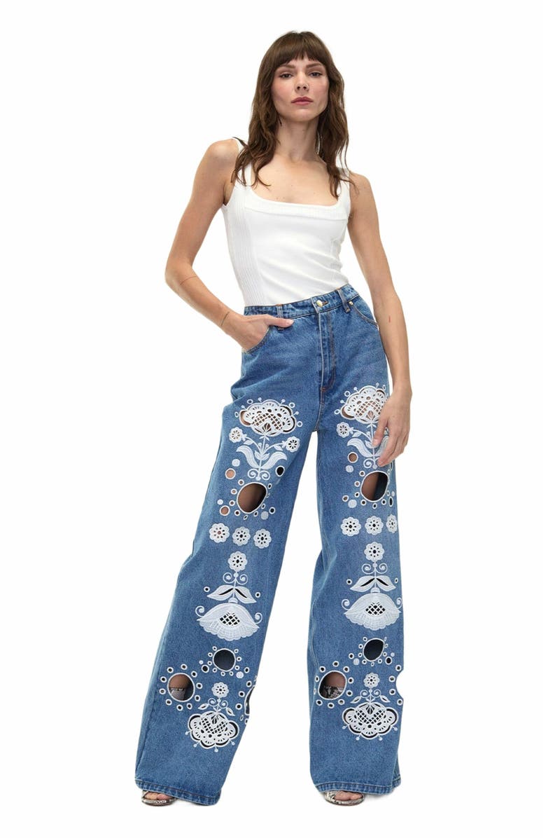 Cynthia Rowley Embroidered Wide-leg Jean, Alternate, color, Blue/White