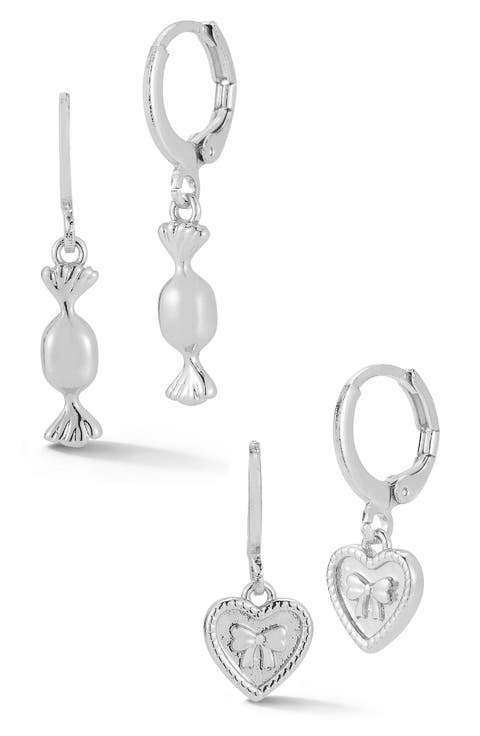 Set of 2 Candy & Heart Drop Huggie Hoop Earrings