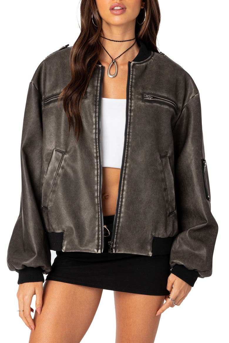 Vava Washed Faux Leather Bomber Jacket, Main, color, GRAY-WASHED