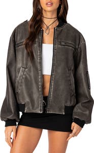 EDIKTED Vava Washed Faux Leather Bomber Jacket