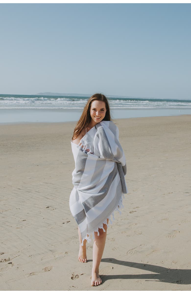 InfuseZen Kapris Striped Organic Turkish Towel with Soft Terry Cloth Back, Alternate, color, Grey