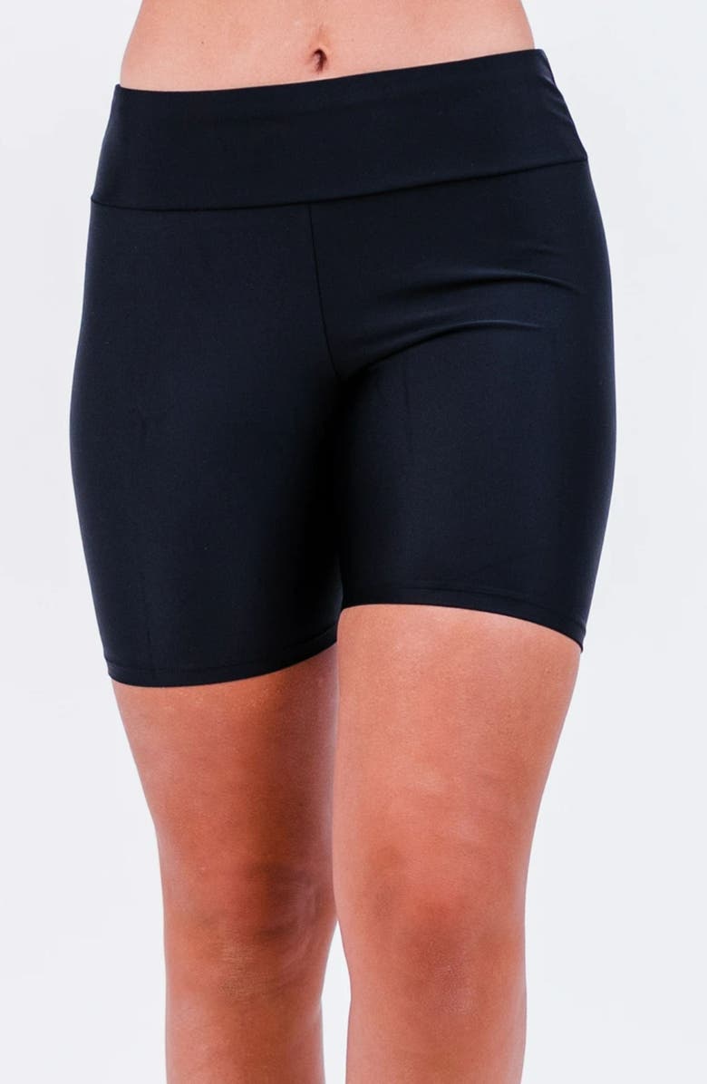 Calypsa Maya Tankini Swim Top With Built-In Bra and Black Mid-Thigh Swim Shorts, Alternate, color, Black