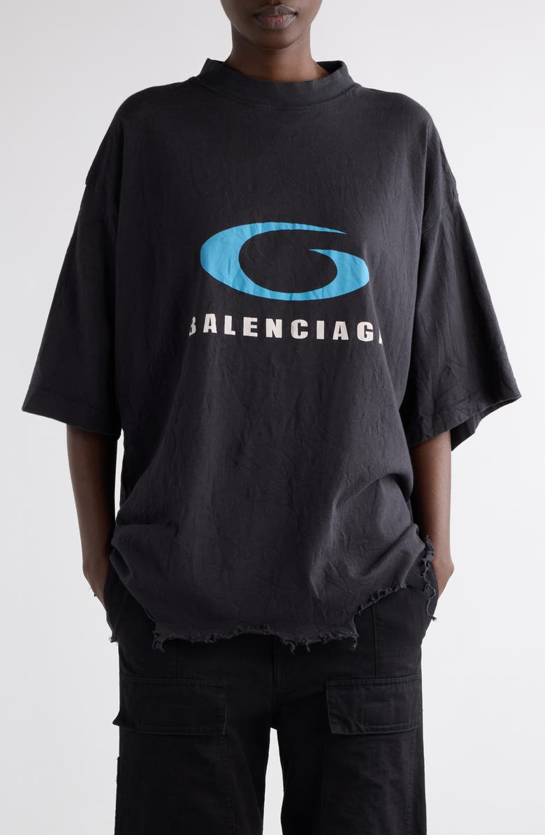 Balenciaga Logo Oversize Distressed Cotton Graphic T-Shirt, Main, color, 