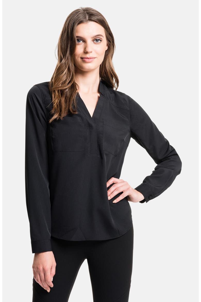 Notch Collar V-Neck Blouse, Main, color, RICH BLACK