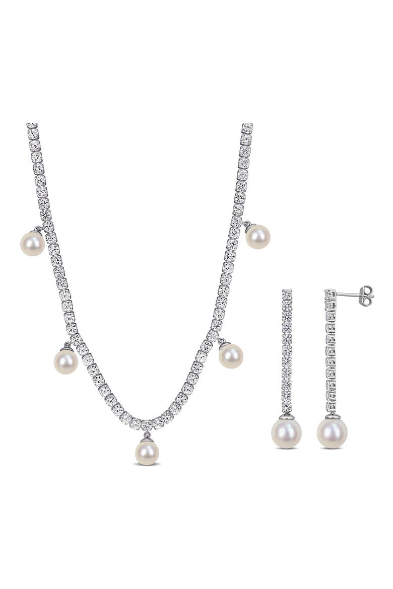 Lab Grown White Sapphire & Cultured Pearl Tennis Necklace & Earrings Set, Main, color, OFF WHITE
