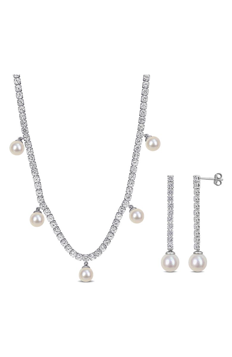 DELMAR Lab Grown White Sapphire & Cultured Pearl Tennis Necklace & Earrings Set, Main, color, Off White