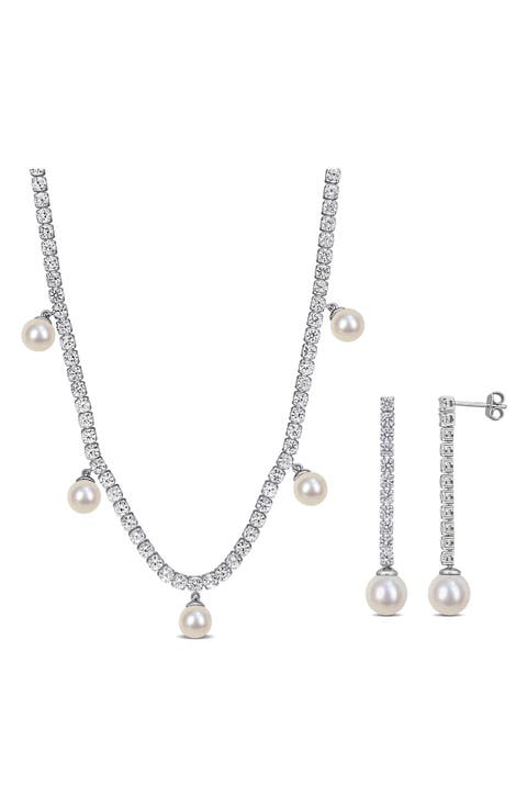 Lab Grown White Sapphire & Cultured Pearl Tennis Necklace & Earrings Set