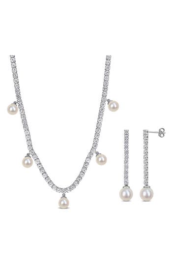 Delmar Lab Grown White Sapphire & Cultured Pearl Tennis Necklace & Earrings Set
