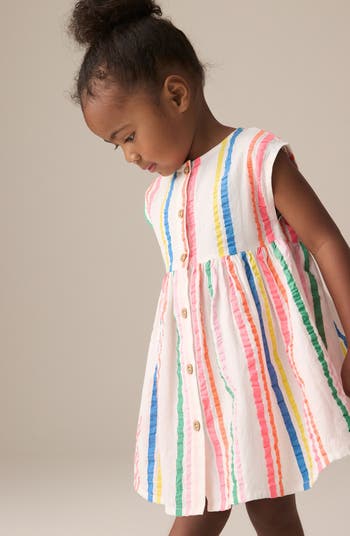Kids' Rainbow Stripe Cotton Seersucker Sleeveless Shirtdress