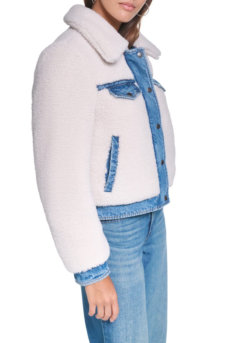 Faux Shearling Trucker Jacket, Alternate, color, IVORY/ MED WASH DENIM