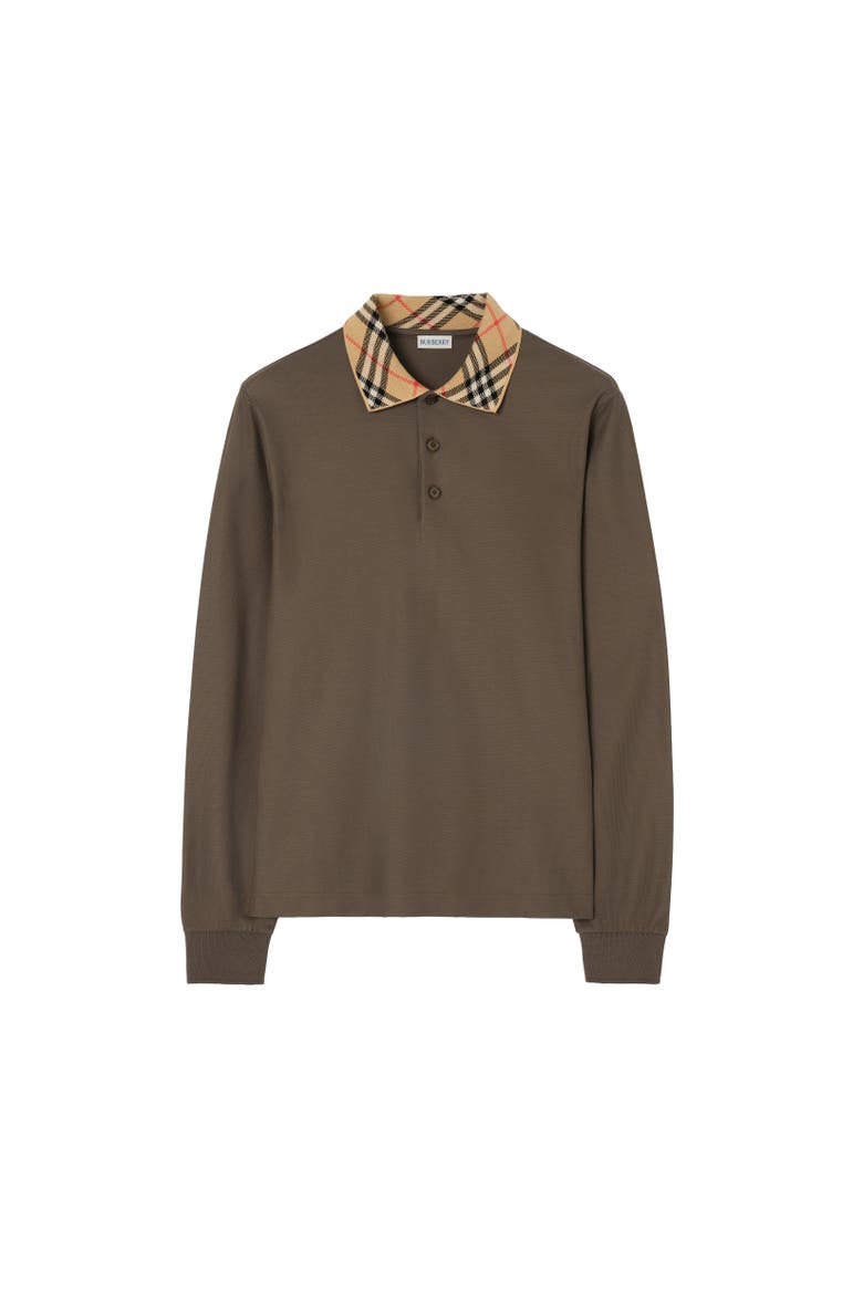 Long-sleeve Check Collar Cotton Polo Shirt, Alternate, color, Sepia brown