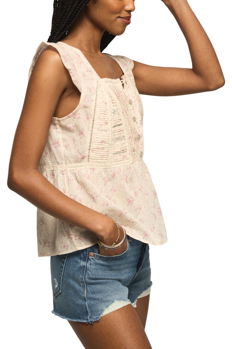 Lace Inset Pintuck Flutter Sleeve Cotton Button-Up Shirt, Alternate, color, ROSE MULTI