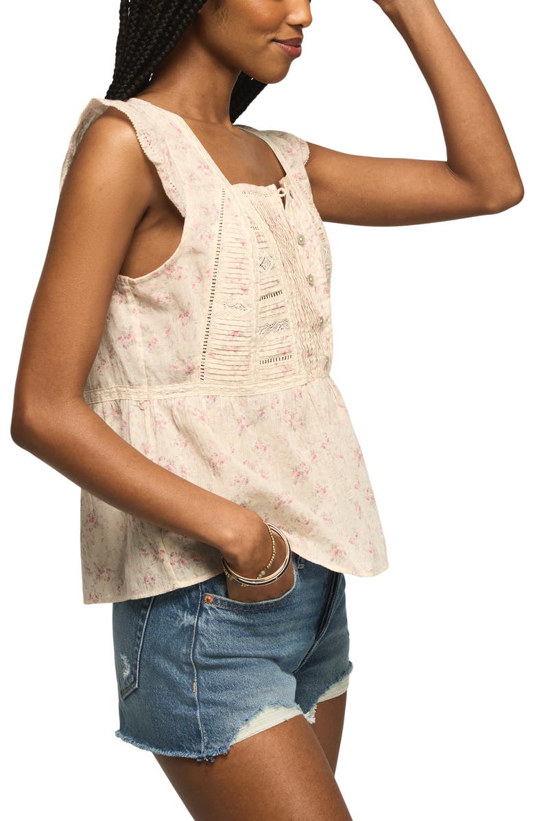 Lucky Brand Lace Inset Pintuck Flutter Sleeve Cotton Button-Up Shirt, Alternate, color, Rose Multi