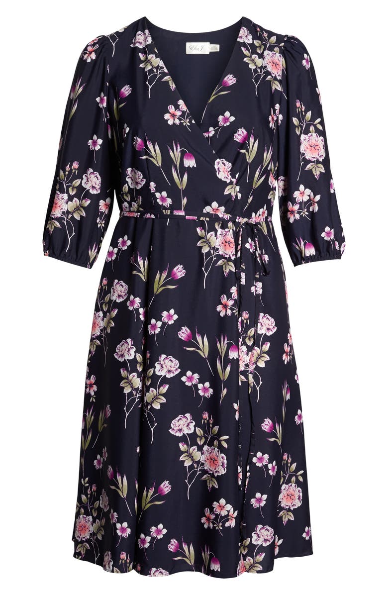 Eliza J Puff Sleeve Floral Wrap Midi Dress, Alternate, color, 