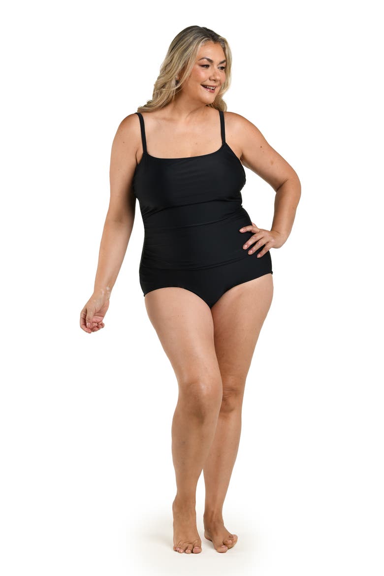Ruched Girl Leg One-Piece Swimsuit, Alternate, color, BLACK