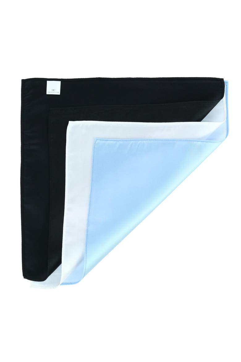 The Gatsby 12 inch Solid Silk Pocket Square Trio, Alternate, color, Black, Light Blue, White