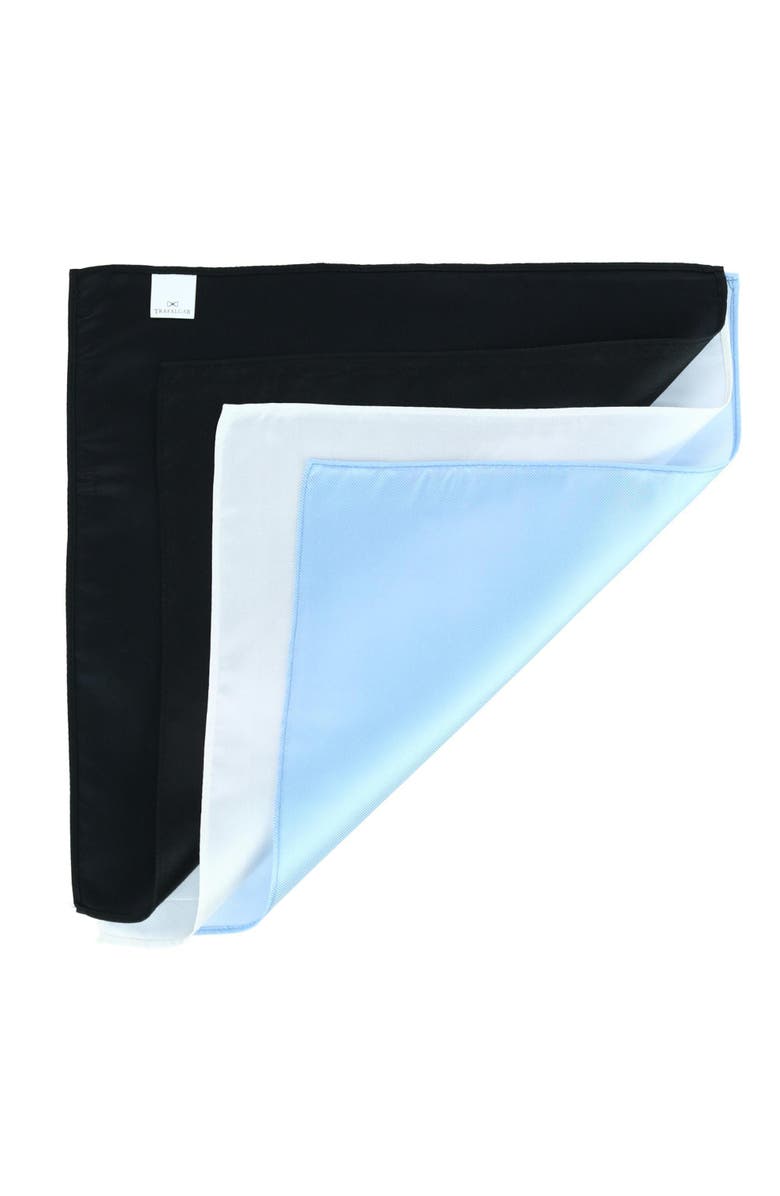 Trafalgar The Gatsby 12 inch Solid Silk Pocket Square Trio, Alternate, color, Black, Light Blue, White