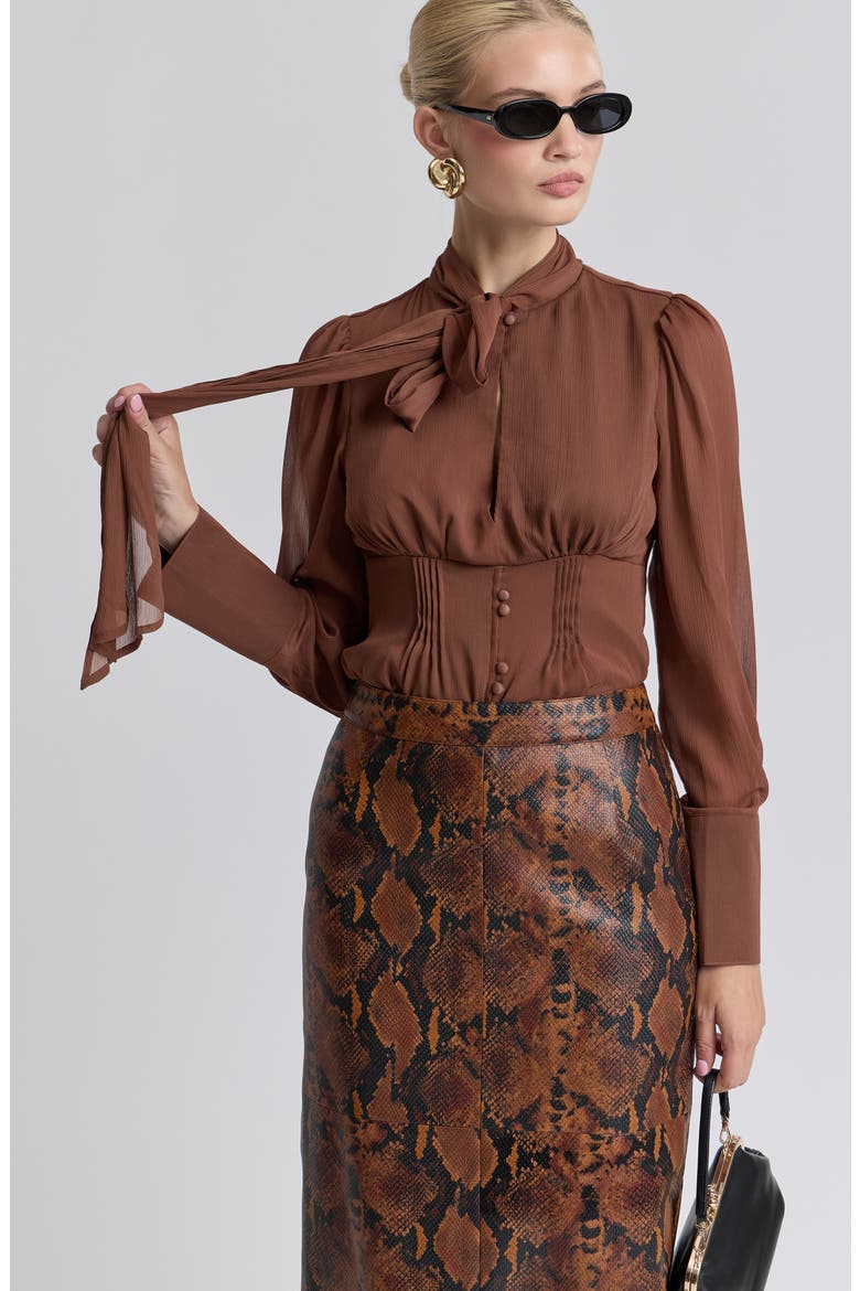 Long Sleeve Bow Tie Crinkle Crepe Top, Alternate, color, BROWN