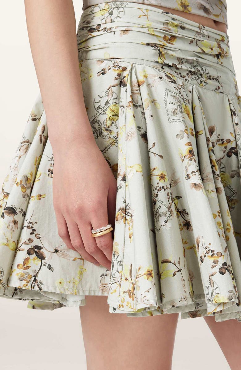 AllSaints Floral Print Pleated Miniskirt, Alternate, color, Carmel Stem Green