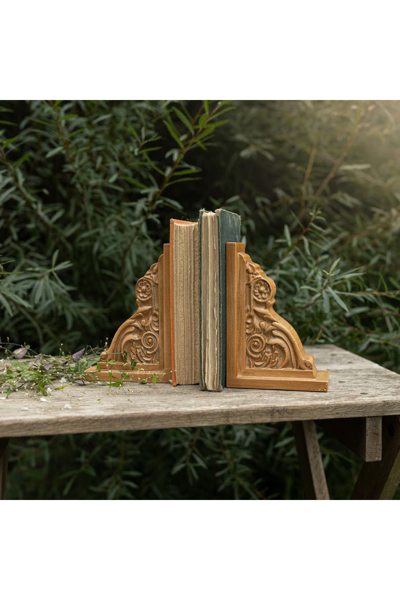 Set of 2 Carved Bookends Brown MDF, Alternate, color, Brown