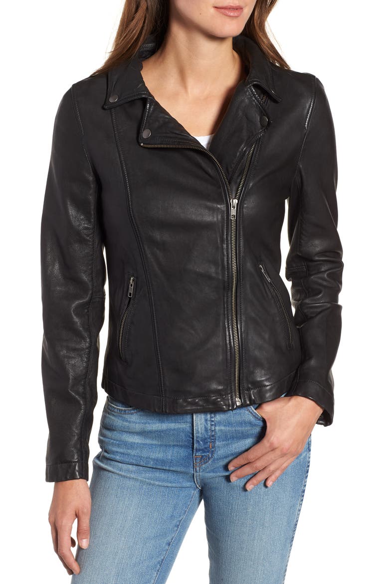 Leather Moto Jacket with Removable Hood, Alternate, color, BLACK