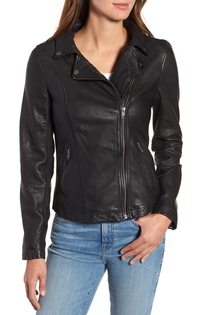 Caslon<sup>®</sup> Leather Moto Jacket with Removable Hood, Alternate, color, 