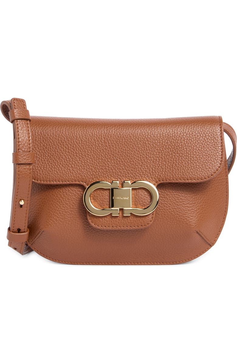 FERRAGAMO Lizzy Double Gancio Leather Crossbody Bag, Main, color, New Cognac/ Testa Di Moro